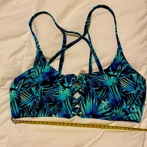 PINK-Navy Blue/Aqua/White Design Bikini Top, Size M